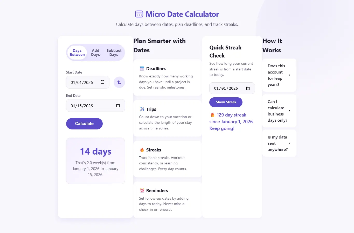 Screenshot of Micro Date Calculator – Plan Days, Deadlines & Streaks interface showing the project page in use